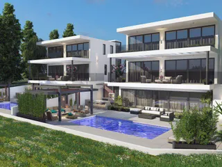 Комплекс двухэтажных вилл с бассейнами и садами рядом с пляжем, Героскипу, Пафос, Кипр