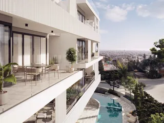 Малоэтажный жилой комплекс с бассейном и тренажёрным залом, с видом на море и город, Пантеа, Лимассол, Кипр