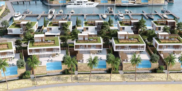 Новые виллы прямо на пляже в жилом комплексе с портом, торговой зоной и спорткомплексом, Айя-Напа, Фамагуста, Кипр