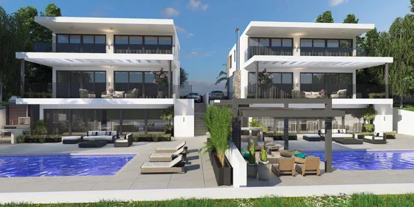 Комплекс двухэтажных вилл с бассейнами и садами рядом с пляжем, Героскипу, Пафос, Кипр