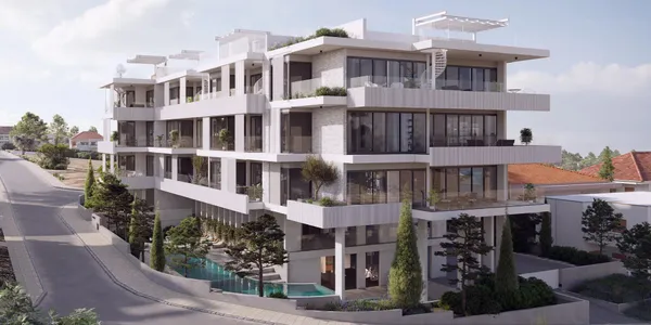 Малоэтажный жилой комплекс с бассейном и тренажёрным залом, с видом на море и город, Пантеа, Лимассол, Кипр