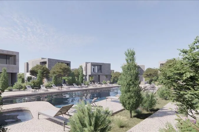 Новый закрытый комплекс вилл с бассейном и садами в 250 метрах от пляжа, Героскипу, Кипр